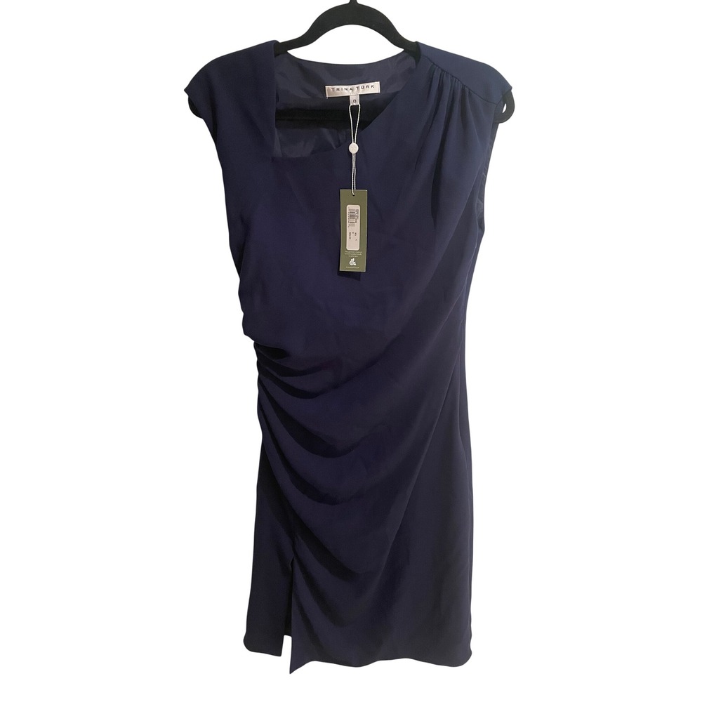 Trina Turk The Plaza Dress Ink Navy Blue Asymmetrical Ruched Sheath Size 8 NWT